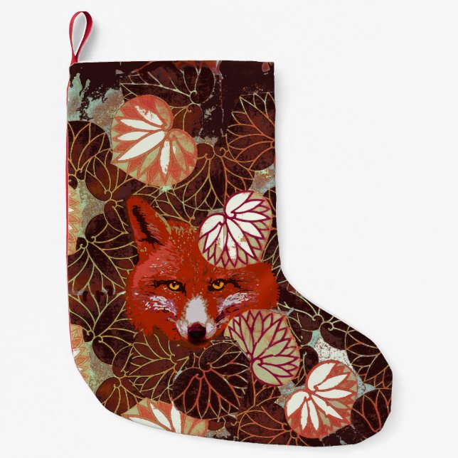 RED FOX AMONG WHITE LEAVES AND FOLIAGE SMALL CHRISTMAS STOCKING (Front)