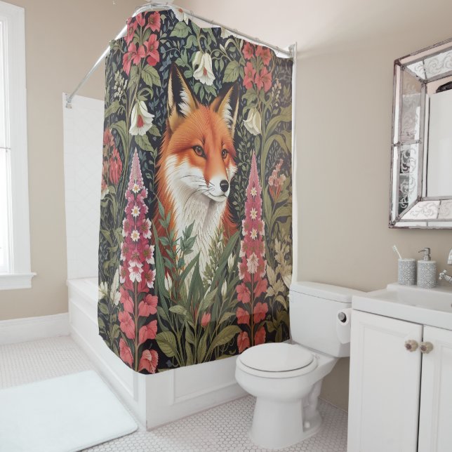 Red Fox And Foxgloves William Morris Inspired Shower Curtain (In Situ)