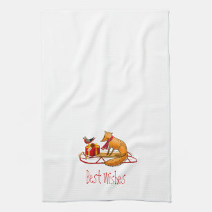 Red Fox and Red Robin Best Wishes Tea Towel