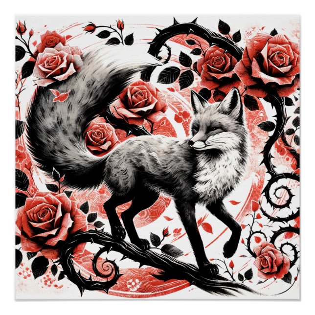 Red Fox and Roses with Thornes Linocut             Poster (Front)