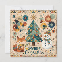 Red Fox And Snowman Merry Christmas