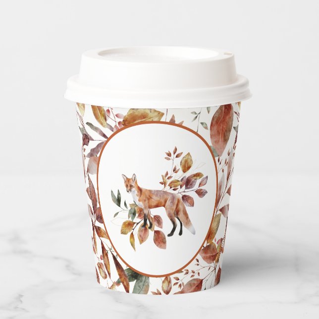Red Fox Autumn Fall Leaves Pattern Paper Cups (Front)