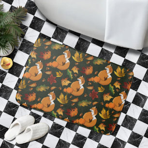 Red Fox Autumn Leaves Acorns Green Pattern Bath Mat