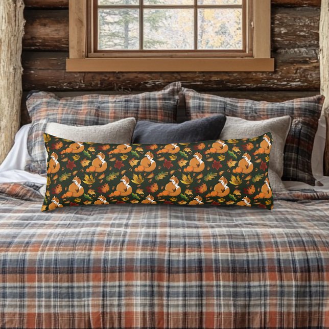 Red Fox Autumn Leaves Acorns Green Pattern Body Cushion (Creator Uploaded)