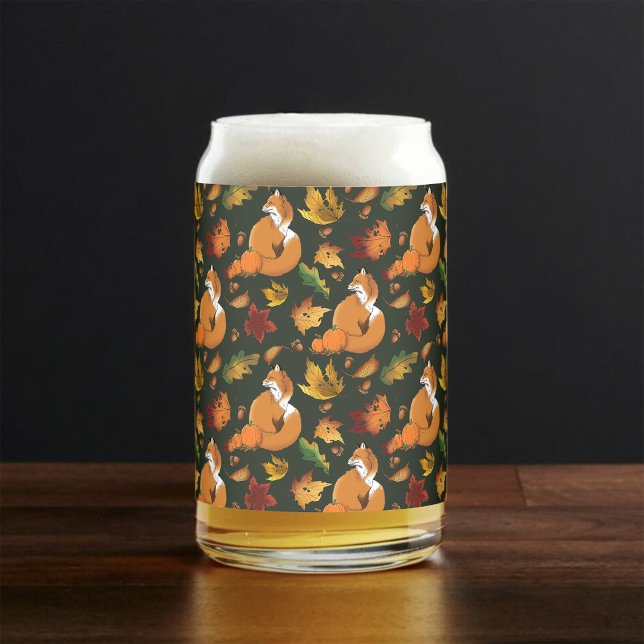 Red Fox Autumn Leaves Acorns Green Pattern Can Glass (Creator Uploaded)