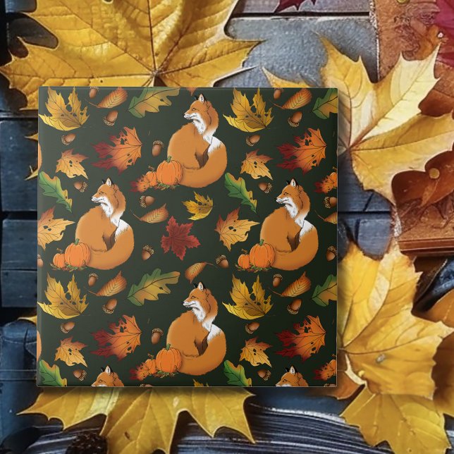 Red Fox Autumn Leaves Acorns Green Pattern Ceramic Tile (Creator Uploaded)
