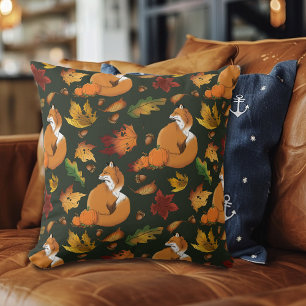 Red Fox Autumn Leaves Acorns Green Pattern Cushion