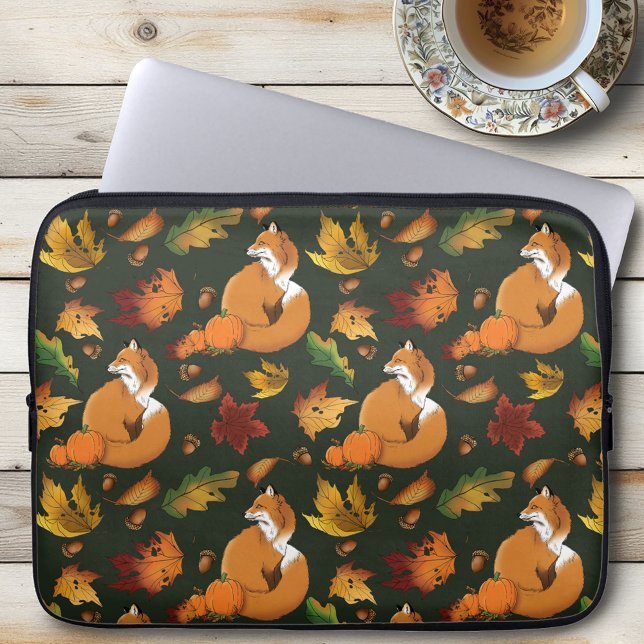 Red Fox Autumn Leaves Acorns Green Pattern Laptop Sleeve (Creator Uploaded)