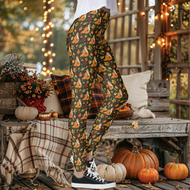 Red Fox Autumn Leaves Acorns Green Pattern Leggings (Creator Uploaded)