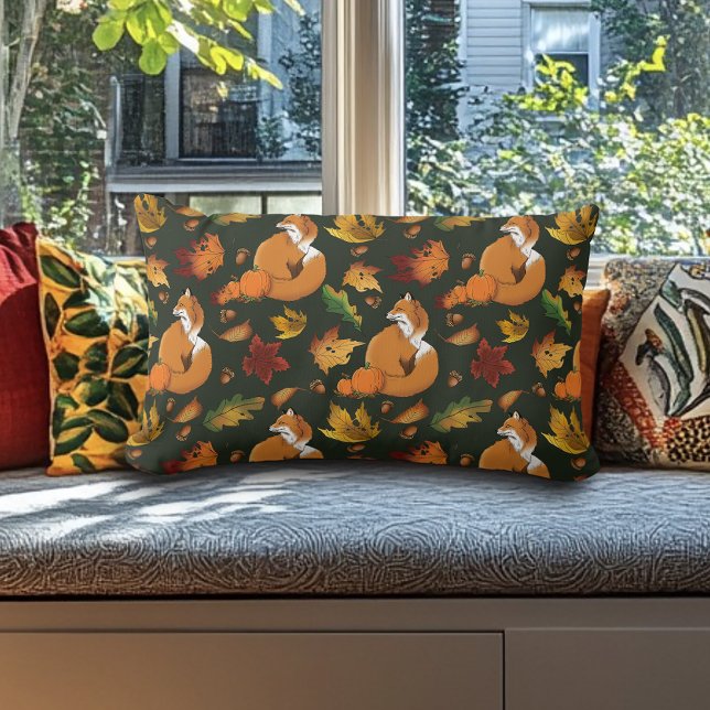 Red Fox Autumn Leaves Acorns Green Pattern Lumbar Cushion (Creator Uploaded)
