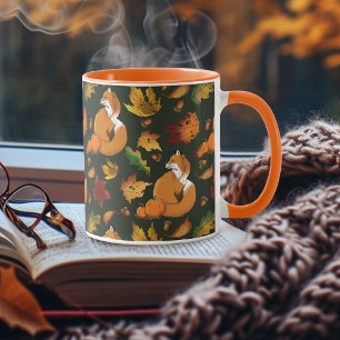 Red Fox Autumn Leaves Acorns Green Pattern Mug