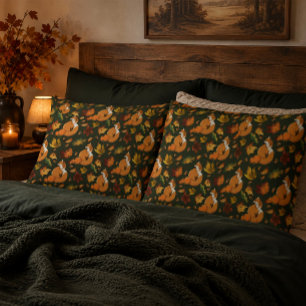 Red Fox Autumn Leaves Acorns Green Pattern Pillowcase