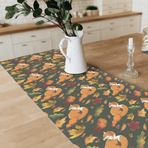 Red Fox Autumn Leaves Acorns Green Pattern Short Table Runner
