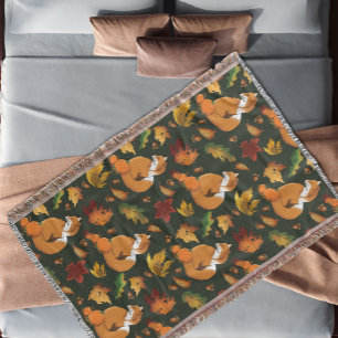 Red Fox Autumn Leaves Acorns Green Pattern Throw Blanket