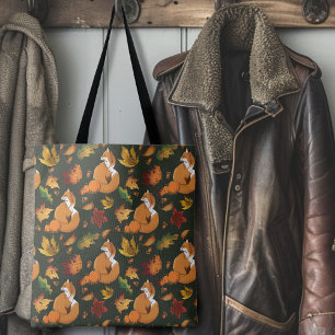 Red Fox Autumn Leaves Acorns Green Pattern Tote Bag