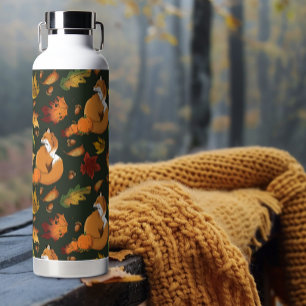 Red Fox Autumn Leaves Acorns Green Pattern Water Bottle