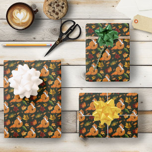 Red Fox Autumn Leaves Acorns Green Pattern Wrapping Paper Sheet