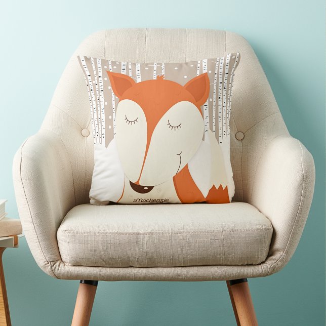 Red Fox Birch Tree Winter Woodland Cushion (Red Fox Pillow with Neutral Birch Trees)