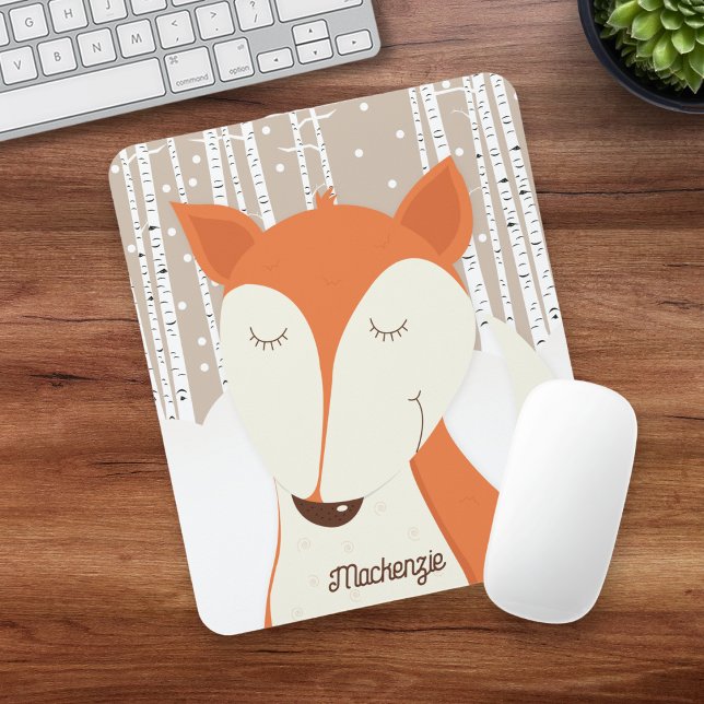 Red Fox Birch Tree Winter Woodland Mouse Pad (Red Fox Birch Tree Mousepad)