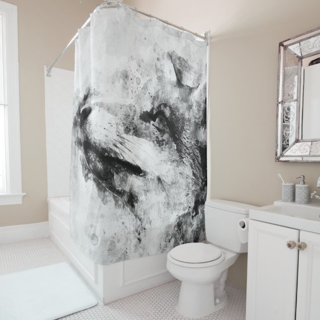 Red Fox Black and White Watercolor 01 Shower Curtain (In Situ)