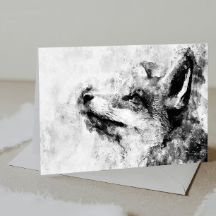 Red Fox Black and White Watercolor 01 Thank You Card