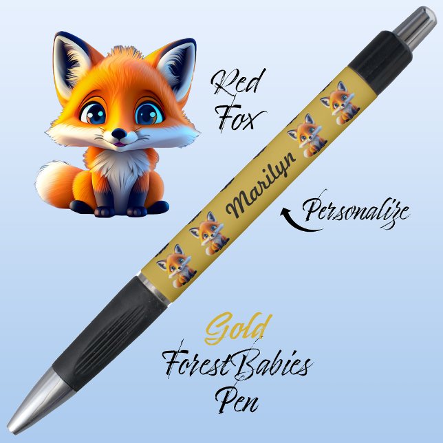 Red Fox, Colourful Gold Back to School Stationery (Cute Whimsical Red Fox Cartoon Graphic, gold Personalizable ForestBabies Pen 🦊)