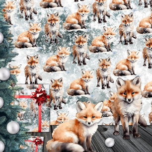 Red Fox Cubs Snowy Winter Scene Wrapping Paper