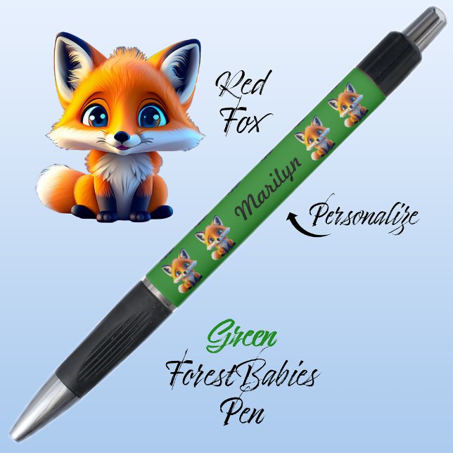 Red Fox, Cute Unique Whimsical Forest Animal Green (Cute Whimsical Red Fox Cartoon Graphic, green Personalizable ForestBabies Pen 🦊)