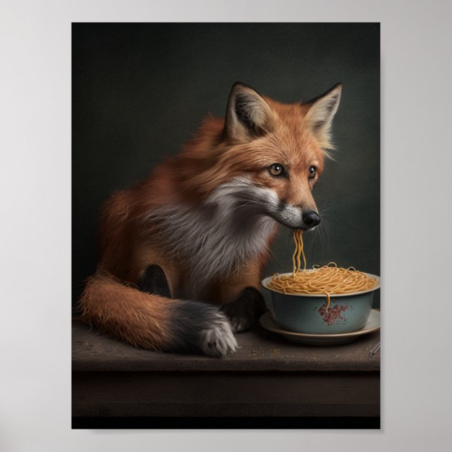 Red Fox Eating a Bowl of Spaghetti Poster (Front)