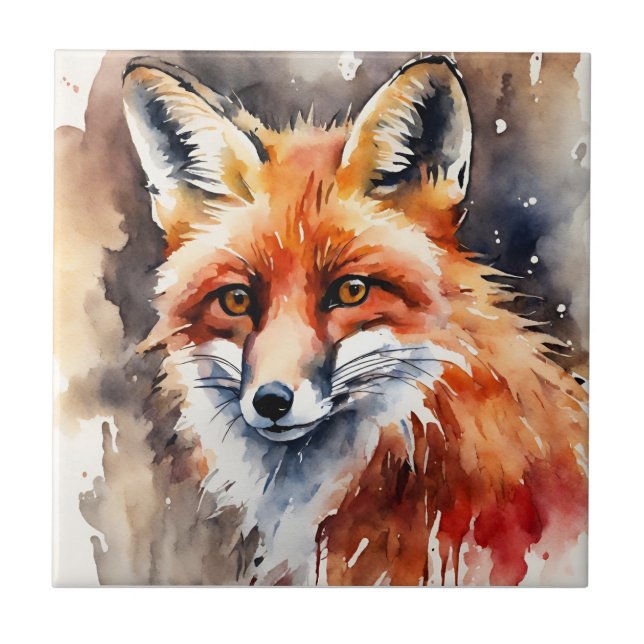 Red Fox Face Watercolor  Ceramic Tile (Front)