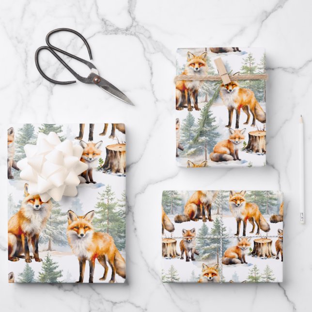 Red Fox Family In The Forest Wrapping Paper Sheet (Front)