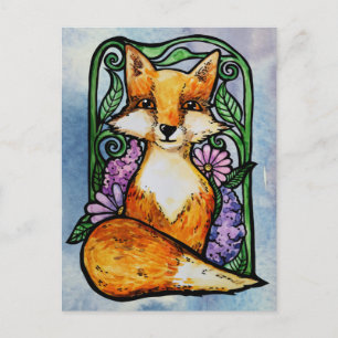 Red Fox Floral Nature Art Postcard