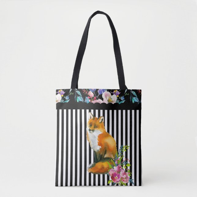 Red Fox & Floral Tote Bag Stripe (Front)
