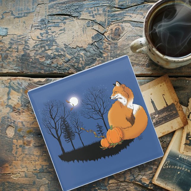 Red Fox Forest Pumpkins Glass Coaster (Creator Uploaded)