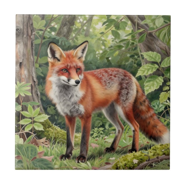 Red Fox Forest Wildlife Portrait Ceramic Tile (Front)
