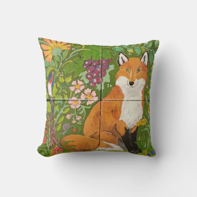 Red Fox Green Woodland Tile Colourful Folk Art Cushion (Front)