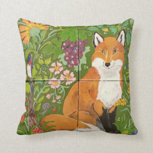 Red Fox Green Woodland Tile Colourful Folk Art Cushion