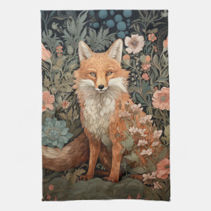 Red Fox in Autumn Garden William Morris Style Tea Towel
