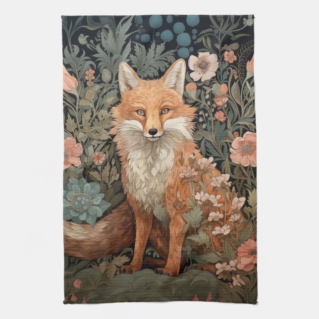 Red Fox in Autumn Garden William Morris Style Tea Towel (Vertical)