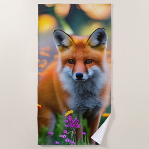 Red Fox in Field of Wildflowers  Beach Towel