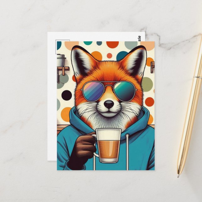 Red Fox in Sunglasses With a Coffee Postcard (Front/Back In Situ)