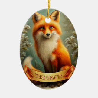 Red fox in winter forest ceramic ornament