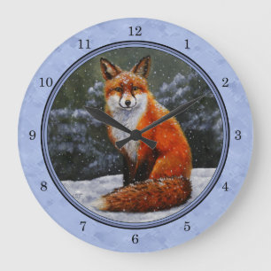 Red Fox in Winter Snow Blue Large Clock