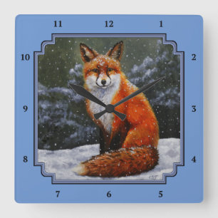 Red Fox in Winter Snow Blue Square Wall Clock