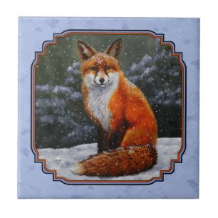 Red Fox in Winter Snow Blue Tile
