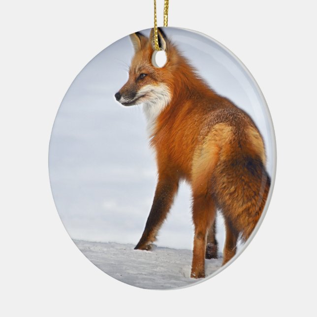 Red Fox in Winter Snow Ceramic Ornament (Left)
