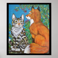 Red Fox Kit and Cat Poster, Original Animal Art