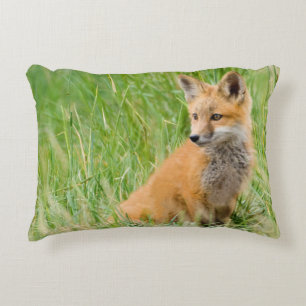 Red Fox Kit in grass near den Decorative Cushion
