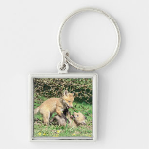 Red Fox Kits Playing Key Ring