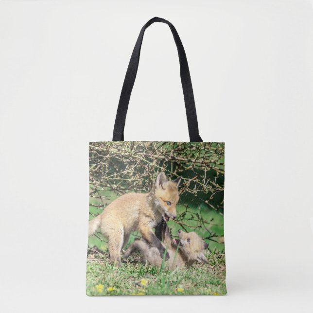 Red Fox Kits Playing Tote Bag (Front)